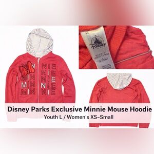 Disney Parks Minnie Mouse Graphic Zip Hoodie Pink Polka Dot Hood Youth‎ L